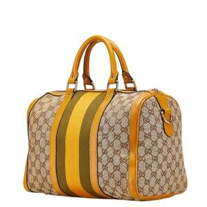 Gucci Shoulder Canvas Line Tan Sherry Yellow Leather Boston Bag Beige GG